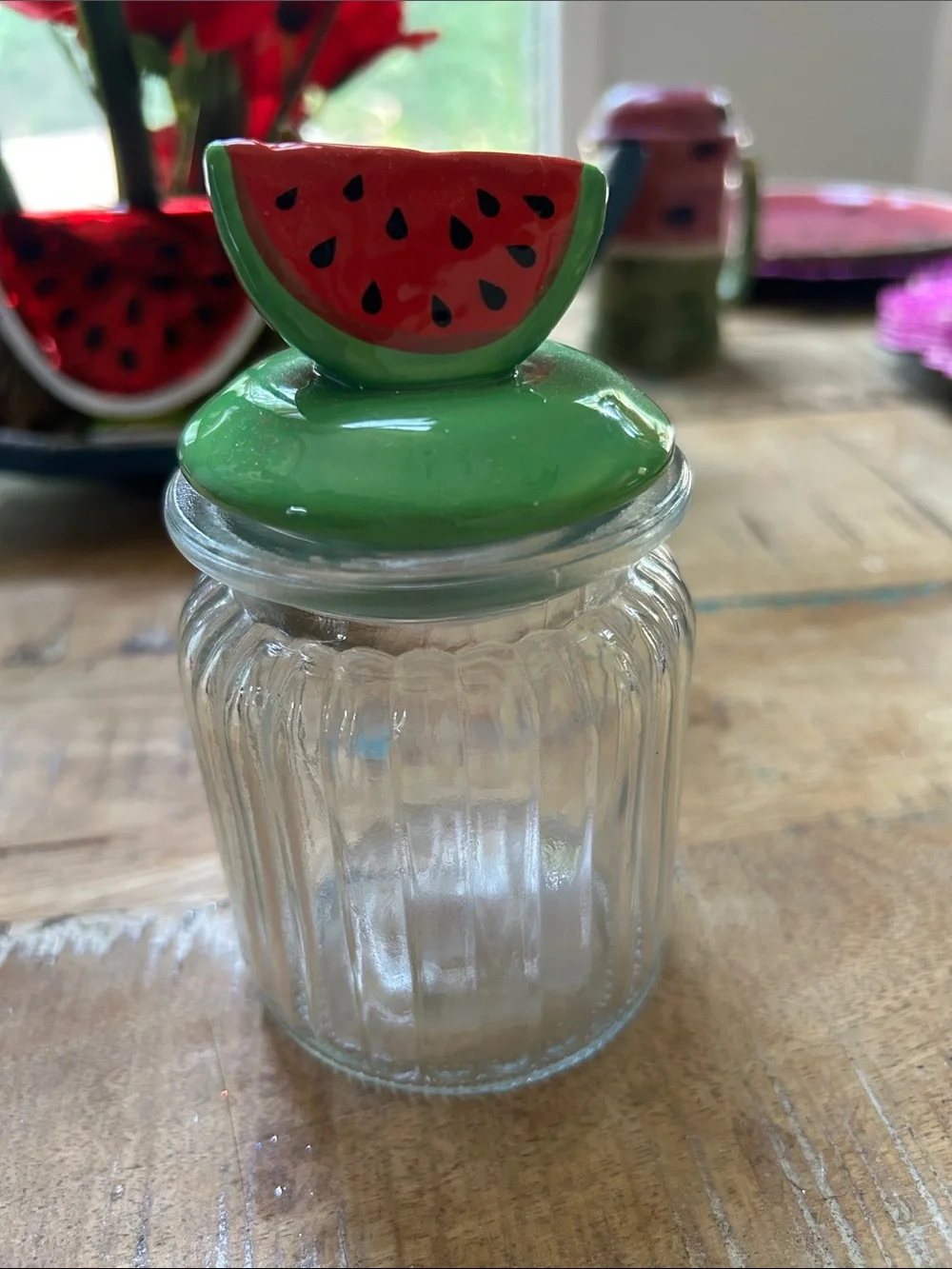 Watermelon-Top Green Lid Glass Spice Jar - Decorative Kitchen NWOT Canister